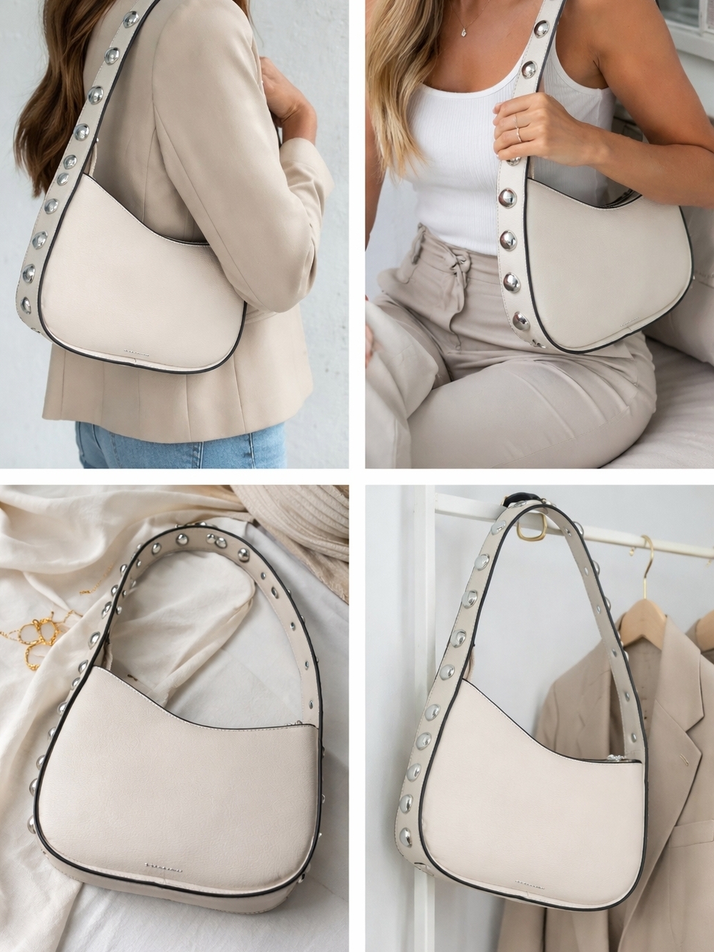 BCBG Cream Shoulder Bag with Studded Strap New